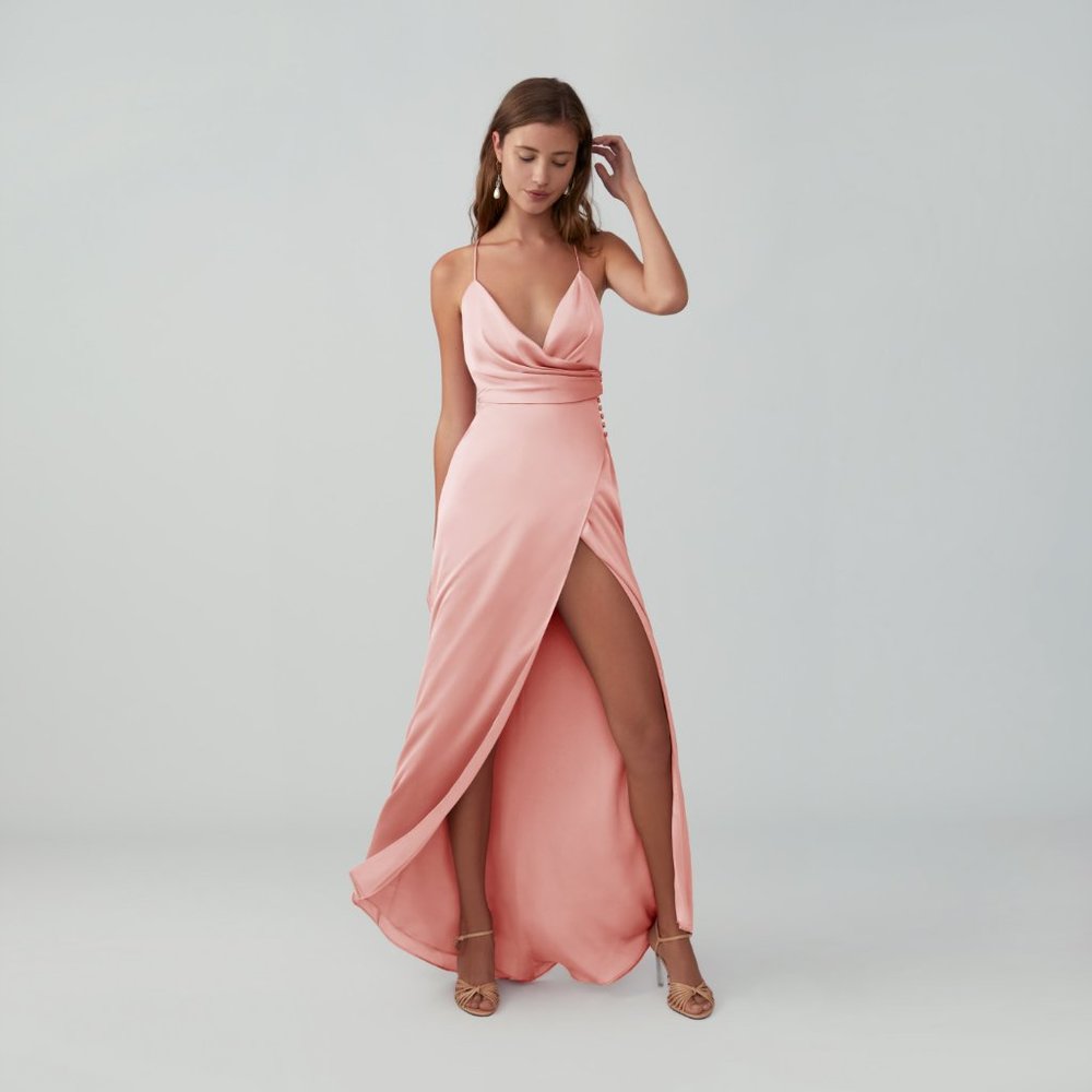 pale peach draped side slit gown from Fame and Partners, never worn, NWT